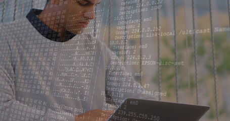 Image of data processing over biracial man using laptop