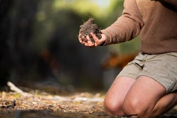 university student conducting research on forest health. farmer collecting soil samples in a test tube in a field. Agronomist checking soil carbon and plant health on a farm in australia