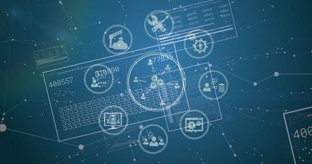 Image of network of connections with icons and data processing over blue background