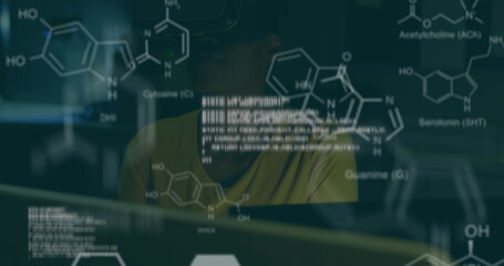 Image of chemical structures and data processing over african american woman wearing vr headset