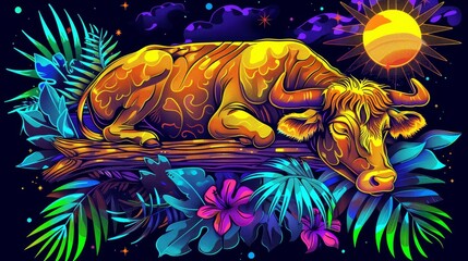   A painting of a bull reclining on a tree branch against a backdrop of a radiant sun, with an array of flowers in the foreground
