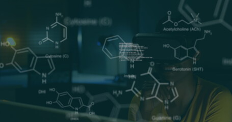 Image of chemical structures and data processing over african american woman wearing vr headset
