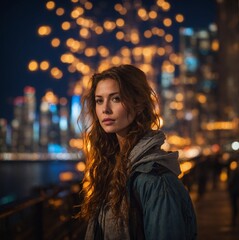Fototapeta premium Woman, adorned in jacket, stands near railing, casting gaze upon cityscape that unfolds before them. City, bathed in sea of lights, presents mesmerizing view.