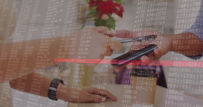 Image of data processing over woman using smartphone