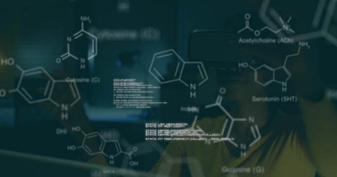 Image of chemical structures and data processing over african american woman wearing vr headset - Powered by Adobe