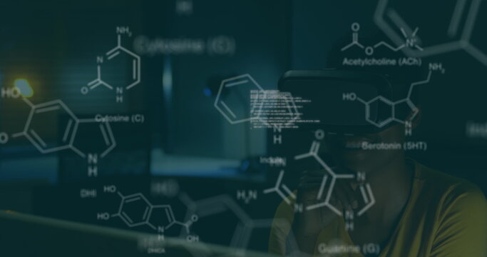 Image of chemical structures and data processing over african american woman wearing vr headset - Powered by Adobe