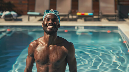 Happy Black Man At Swimming Pool With Goggle Glasses - obrazy, fototapety, plakaty