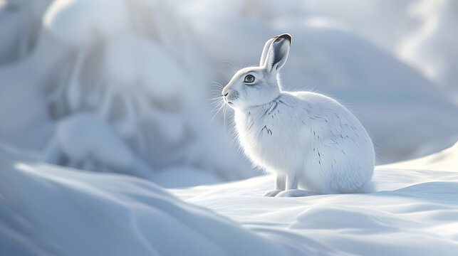 Arctic Hare: An arctic hare in a snowy setting, photographed with a high contrast setting to emphasize its white fur against the snow, set against a winter landscape background with copy space