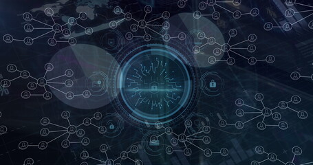 Image of network of connections over icons and data processing