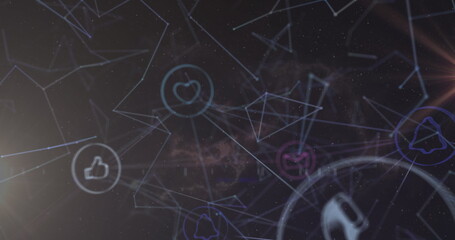 Image of light trails and network of connections with icons on black background