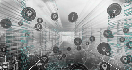 Images of network of connections with icons over data processing on grey background