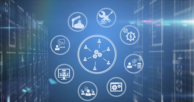 Image of data processing and icons over server room