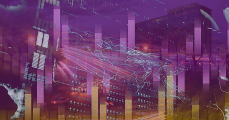 Image of moving columns over and screen with financial data