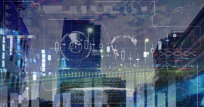 Image of digital data processing over night cityscape