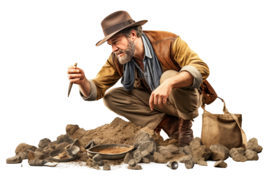 Contemplating Creation: A Man Kneeling by a Pile of Dirt. On a White or Clear Surface PNG Transparent Background.