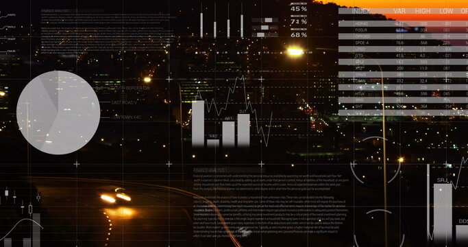 Image of statistical data processing against aerial view of city traffic at night