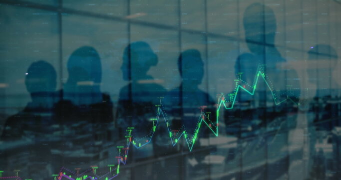 Image of data processing and shapes over diverse business people silhouettes