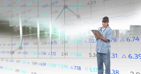 Image of financial data and graphs over caucasian female doctor