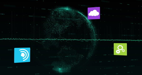 Image of icons and data processing over globe on black background
