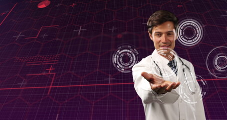 Image of caucasian male doctor with processing circles over purple background with hexagons