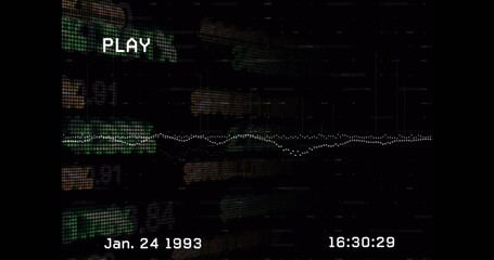 Image of interference over data processing and stock market on black background