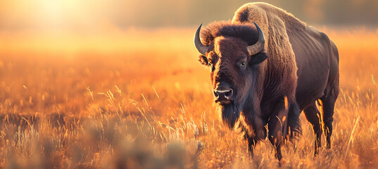 Bison: A robust bison captured at sunset using a warm filter to enhance the golden hues of its fur,...