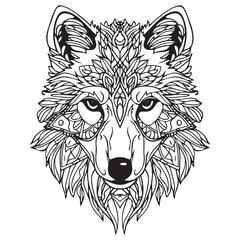 Mandala Coloring Page for Adults. Wolf Head Zen Spiritual Relax Colouring Book Template.