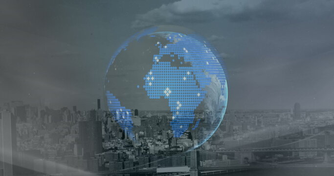 Image of globe with financial graphs and data