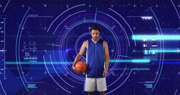 Image of scope scanning and data processing over caucasian basketball player