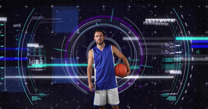 Image of scope scanning and data processing over caucasian basketball player