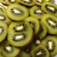 Collection of sliced kiwi fruits fills frame, showcasing their vibrant green flesh, black seeds arranged in radial pattern around white core. Slices neatly cut, revealing consistent thickness.