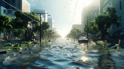 Flooded street of the city. Climate change and natural disasters concept.