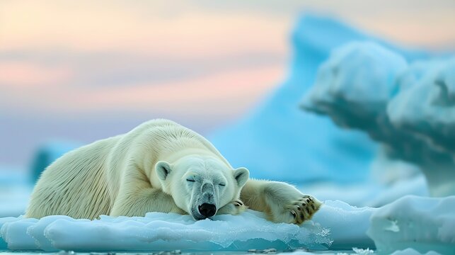 A polar bear sleeping on an ice floe, the sky is pastel blue and pink The bears fur should be white with no spots or stripes, it looks peaceful as if it just fell asleep In front of it there s a large