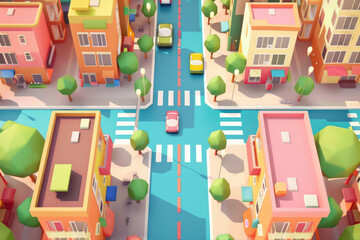 Aerial view of a 3D cartoon style street in a city 