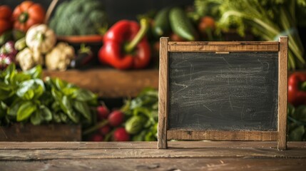 Empty chalkboard on table with fresh healthy vegetables in the background. Farmers market, regional bio organic shop, vegan food concept