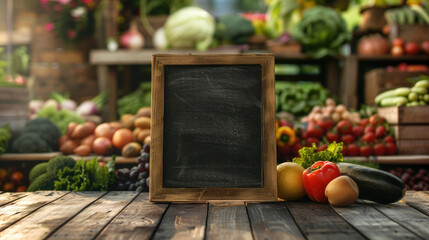 Empty chalkboard on table with fresh healthy vegetables in the background. Farmers market, regional bio organic shop, vegan food concept - obrazy, fototapety, plakaty