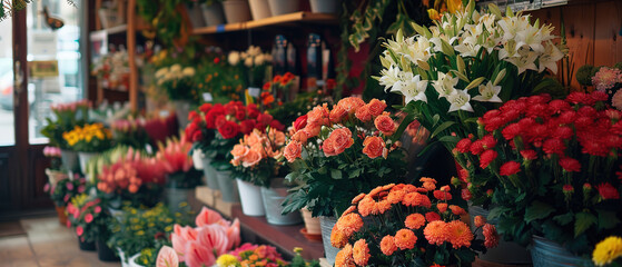 Fototapeta na wymiar Flower shop with lots of flowers. advertising