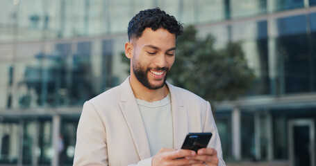 Happy, outdoor and man with cellphone, business or typing email with positive news or contact....