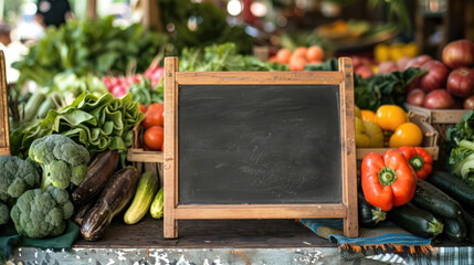 Empty chalkboard on table with fresh healthy vegetables in the background. Farmers market, regional bio organic shop, vegan food concept