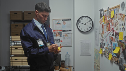 A young hispanic man examining evidence in a detective's office, surrounded by case files and a...