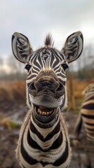 Naklejka premium Smiling zebra close-up. Travel posters and ad