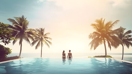 Two individuals enjoying a serene sunset in a pool - obrazy, fototapety, plakaty