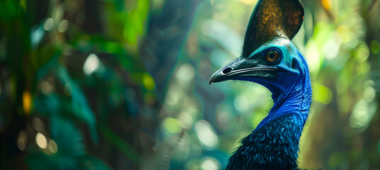 Cassowary: A cassowary standing alert in the rainforest, shot with a telephoto lens to safely capture its bright blue neck and intimidating stature. - Powered by Adobe