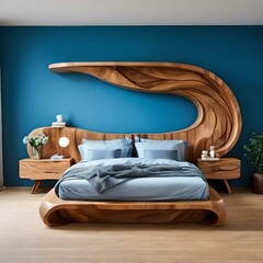 A modern interior of a bedroom with a large teak bed