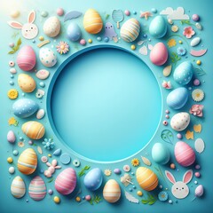 easter 3d frame ,happy easter , blue background with rabbit and egg
