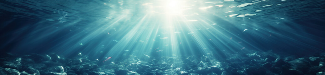 Obraz premium Sunlight piercing through the depths of a tranquil underwater seascape. Sunbeams filter through clear blue water, illuminating the ocean’s serene realm