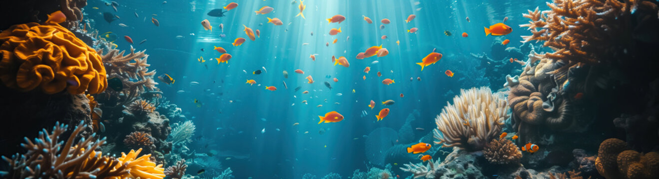 Ballet of the sea: graceful fish dance above vibrant coral garden. A group of fish elegantly swim over a colorful coral reef, creating a harmonious display of movement and beauty
