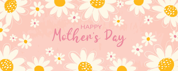 Greeting horizontal banner with textured white flowers, scribbles and typography on pink background for Happy Mother's Day. Trendy design for poster, background, invitation, social media