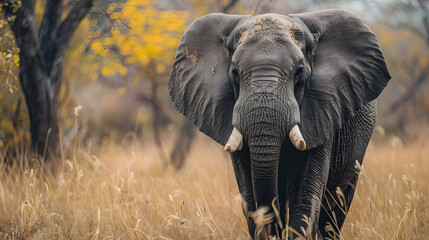 Elephant: An elephant's close-up, emphasizing its textured skin and wise eyes, using a high-resolution camera, set against a soft-focus savannah background with copy space