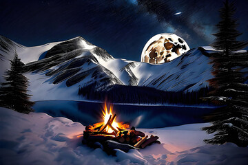 paint campfire night moon mountain